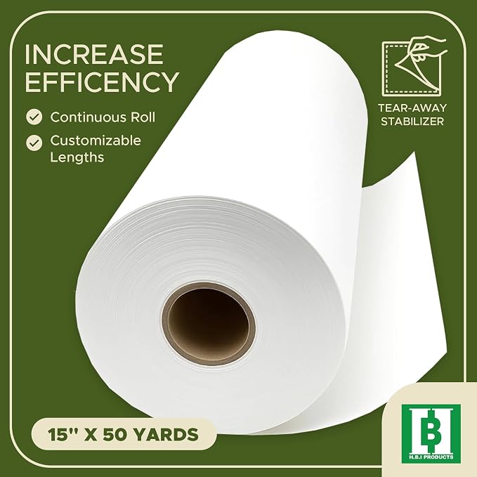 HBI Tear Away Embroidery Stabilizer Roll, 1.8 oz Medium, 15 in x 50 yd | 1.8 oz tearaway backing, machine and hand embroidery, tears clean, fits all hoops and machines, white, made in USA