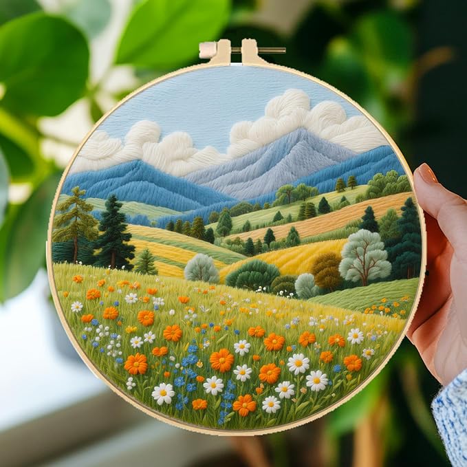 BEUNITONE 4 Set Fairy Tale Landscape Embroidery Kit for Beginners 7.9"x7.9" Pre-Stamped Pattern Needlepoint Kits with Hoop, Tools & Instruction, Handamde Embroidery Kits for Fabric and Home Decor