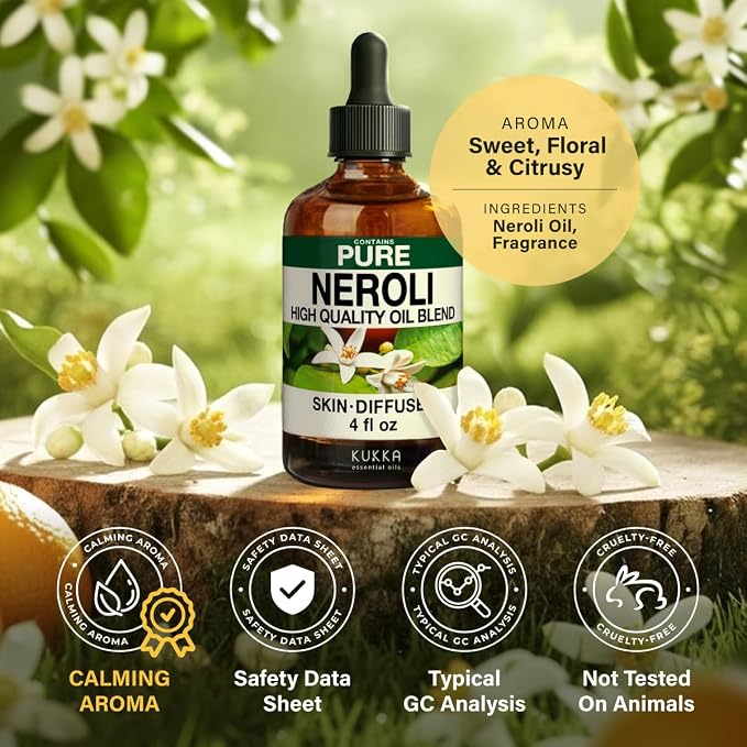 100% Pure Neroli Essential Oil 4 Fl Oz - Neroli Oil for Hair and Skin | Calming Orange Blossom Oil for Diffuser and Aromatherapy, Massage, Body Care, Non-GMO, Undiluted, with Dropper