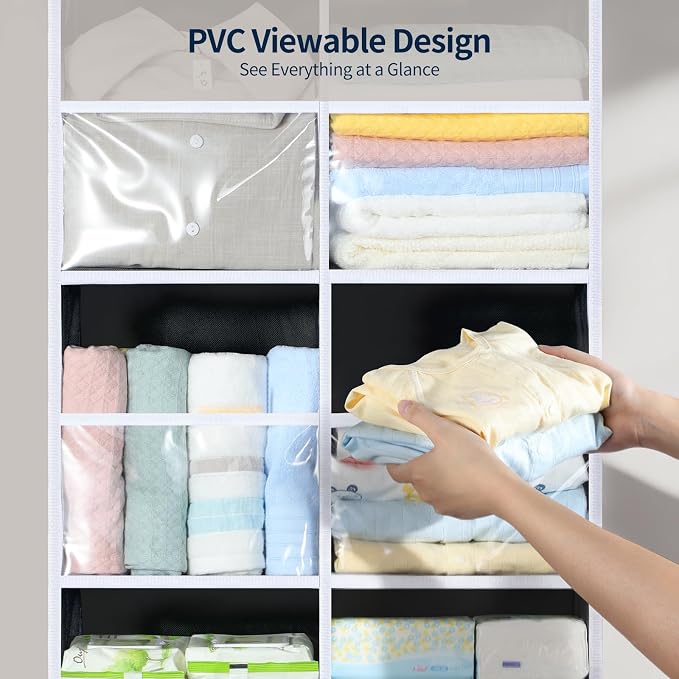 Yecaye 80lb Clear Door Hanging Yarn Storage Organizer, 10 Large Plastic Pockets & 10 Mesh Pockets Over the Door Crochet Organizer, 5 Tier Yarn Ball Storage for Knitting Needles, Black