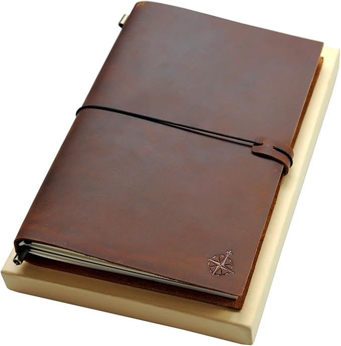 WANDERINGS Large Travelers Notebook - 7.5" x 11" (19 x 28cm) - Grande Travel Journal, Handcrafted, Rugged, Refillable Leather Journal. Perfect for Writing, Artwork, Scrapbooking