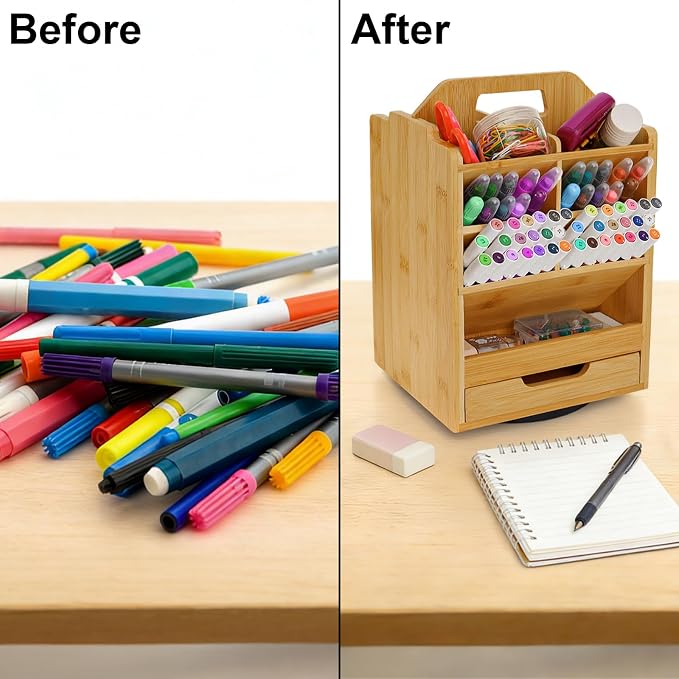 SOUJOY Bamboo Pen Holder Organizer, 360°Rotating Art Supply Storage Caddy, Hold 400+ Pencils, 15 compartments Office Desk Stand Box with Handle for Marker Pens, Colored Pencil, Art Brushes