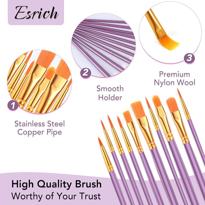 ESRICH 100PCS Pink Paint Brushes, Paint Brush for Acrylic Painting | Artist Paintbrushes for Oil Watercolor, Body Face Rock Canvas, Small Paint Brushes for Kids, Purple