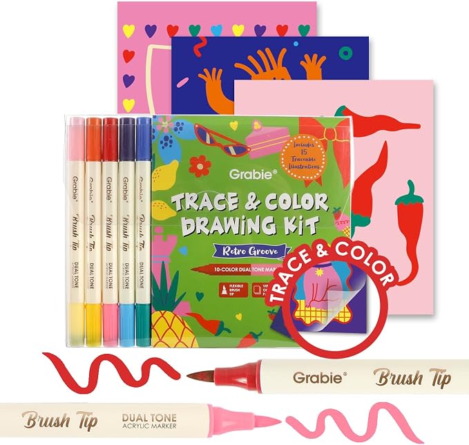 Grabie Trace & Color Drawing Kit, Pack of 5 Dual Tip Markers, Retro Groove