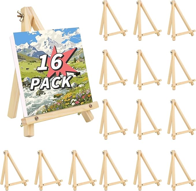 16 Pack 9 Inch Easel for Painting, Wooden Easel Stand Canvas Stand | Smooth Wood, Folds Flat for Storage, for Canvases, Photos, Signs, Weddings, Classrooms, Home Décor