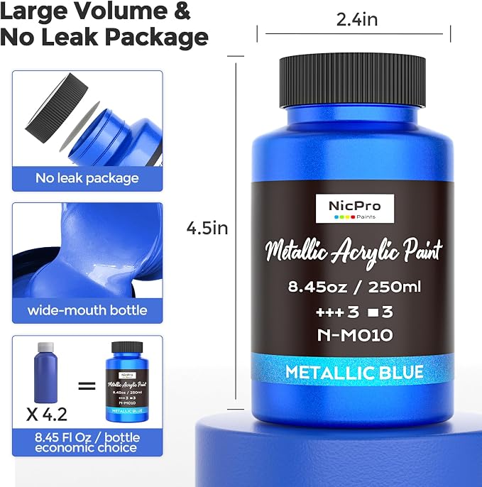 Nicpro Metallic Blue Acrylic Paint, 8.45oz/250ml Large Metallic Paint | Non Toxic, Non Fading Craft Paints for Metal, Wood, Clay, Fabric, Canvas, Furniture, Handcrafts, Art Supplies