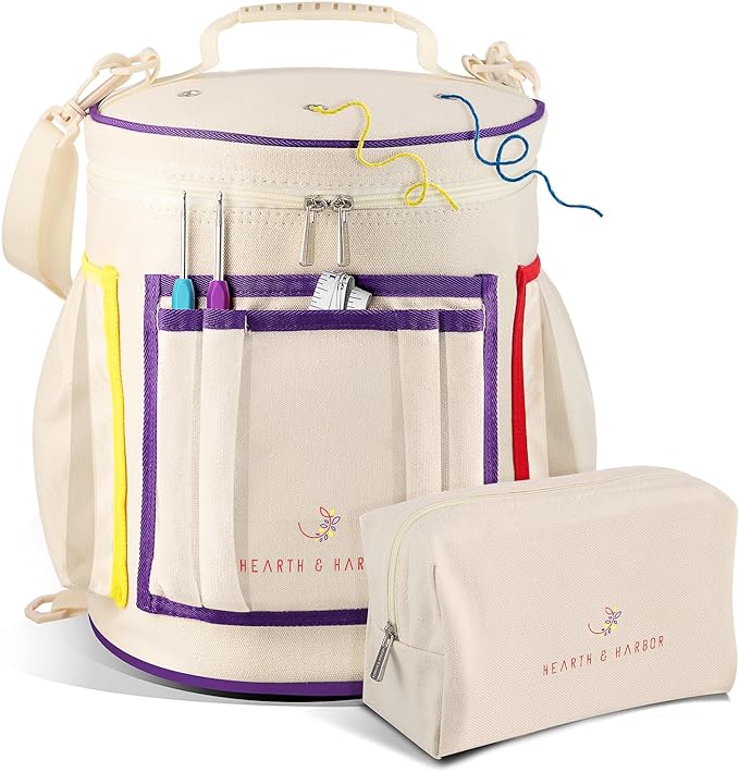Hearth & Harbor Crochet Bag Organizer – Durable Knitting Bag, Yarn Organizer for Accessories and Supplies, Canvas Yarn Holder, Crochet Carrying Case with Accessories Pouch, Storage Organizer