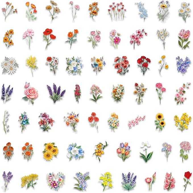 60 Pcs Natural Flower Stickers for Scrapbooking, Transparent PET Self-Adhesive Scrapbooking Stickers Waterproof Stickers for Teens Adults Collectors, DIY Lovers (Colourful-F9)