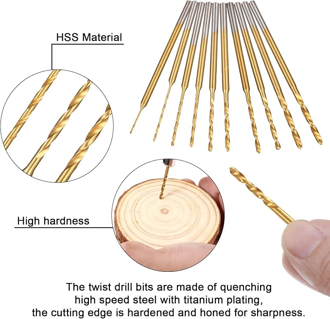 Uolor Mini Twist Drill Bit Set, 10Pcs Micro Engraving Drill Bits, 0.6mm-2.2mm, HSS 2.35mm Shank Titanium Coated Tiny Drill Bit Hole Drilling Tool for DIY Resin, Jewelry, Amber, Circuit Board, Walnut
