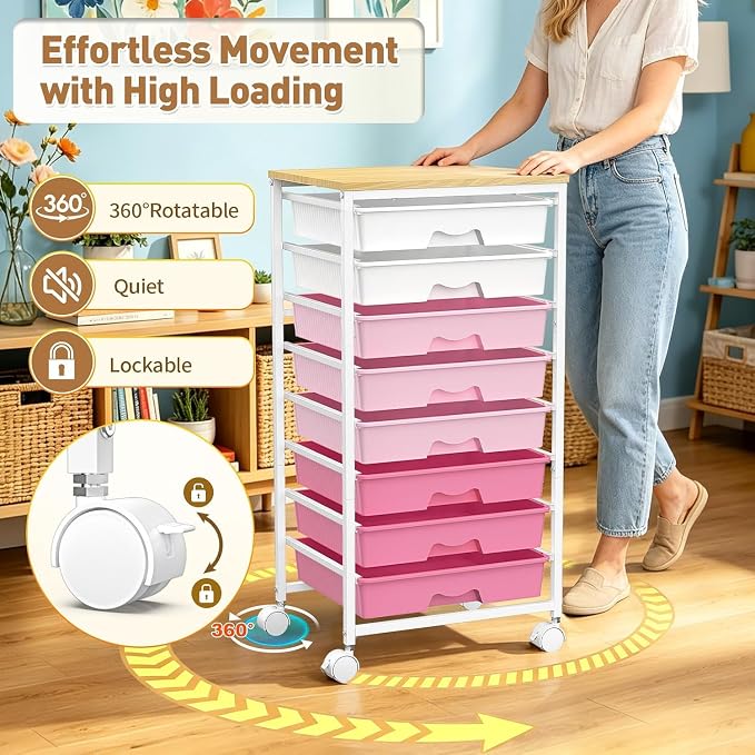 SUNALLY Rolling Cart With 8 Drawers, Storage Drawer Cart for Craft Art,Pink | Storage Utility Cart with Wooden Tabletop & 2 Lockable Wheels, Teacher Storage Cart for Classroom School Storage, Makeup,Nail