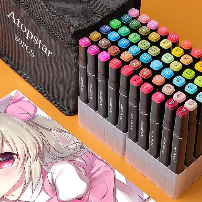 ATOPSTAR 80 Colors Alcohol Markers Pens Artist Drawing Art for Kids Dual Tip Adult Coloring Painting Supplies Perfect Boys Girls Students Adult(80 Black Shell)