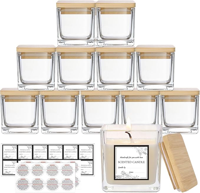 CONNOO 12 Pack 9oz Clear Glass Square Candle Jars with Bamboo Lids