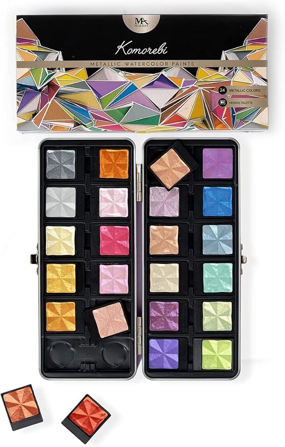MozArt Komorebi Professional Metallic Watercolor Set 24 Colors Metal | Shimmer Watercolor Art Supplies – Lockable Metal Box & Detachable Pans – 24 Colors for Arts, Crafts, Journaling & Mixed Media