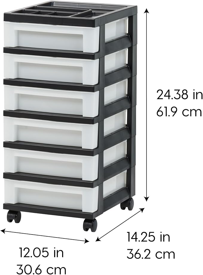 IRIS USA 6-Drawer Rolling Storage Cart with Organizer Top, Black/Pearl