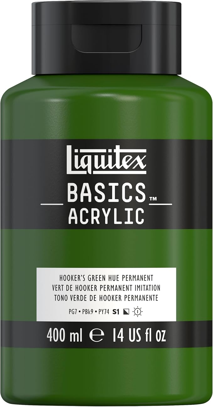 Liquitex BASICS Acrylic Paint, 13.5-oz Bottle, Hooker’s Green Hue Permanent | Medium Viscosity, Satin Finish, Lightfast, Fine Art Pigments, Range of Opacities, Easy Blending