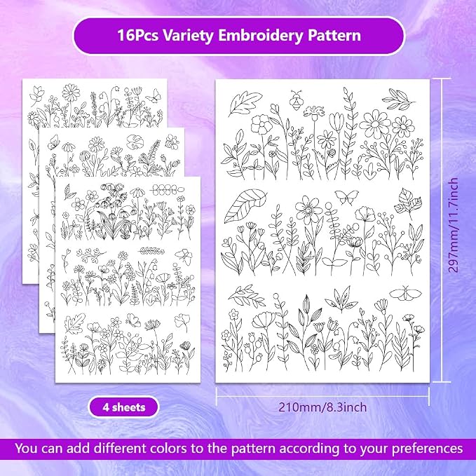 ORIGACH 4 Sheets 12 Pcs Water Soluble Embroidery Patterns Stabilizers - Pre-Printed Wildflowers & Flowering Shrubs Designs - Stick & Stitch Embroidery Paper for Hand Sewing Lovers