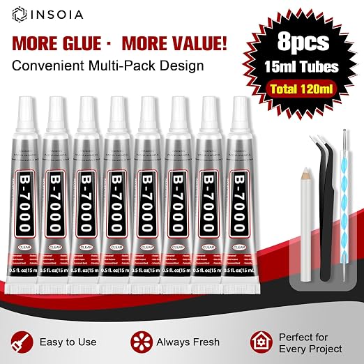 INSOIA B7000 Bedazzling Glue Tool Clear, 8 x 15ml Precision Tip