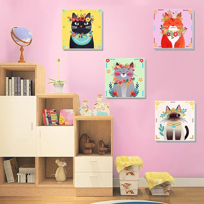 4 Pack Cat Paint by Number for Kids with Wooden Frame - Wooden Easel | Paint by Numbers for Kids Cats Ages 4-8-12, Easy Cat DIY Acrylic Oil Painting Kits for Home Wall Decor (8X8 inch)