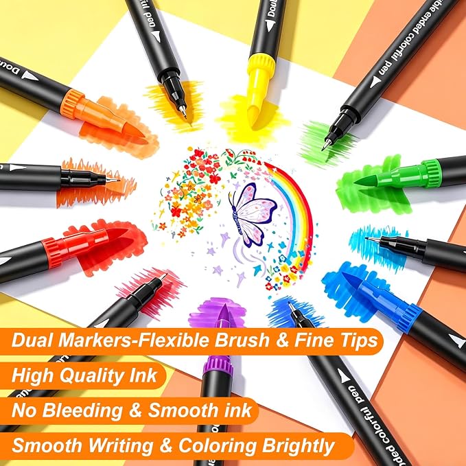 72 Colors Dual Tip Color markers, Fine & Brush Tip Markers Pens for Adult Coloring Book, Dual Watercolor Marker Pens, Art Drawing Supplies Marker s Kit for Calligraphy, Illustrations, DIY Crafts