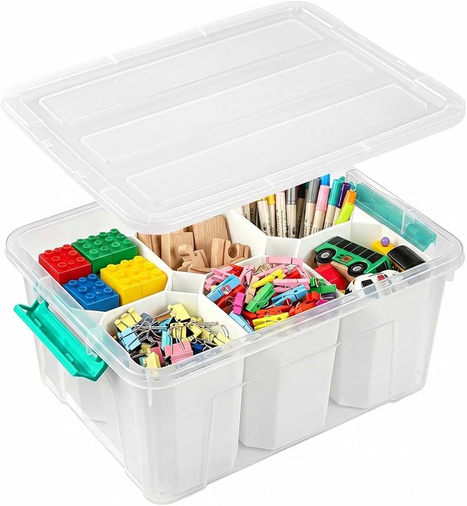 EOENVIVS Clear Storage Boxes with 6 Tall Inserts, Large Plastic Organizer Box with Lid and Handles, 15.94x11.61x7.28 Inches, Multi-Functional Container for Cosmetics, Toys, School Supplies