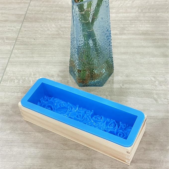 Rectangular Rose Soap Silicone Mold with Wood Box,Blue | Flexible,Flowers Craft Art,For Soap Making Supplies