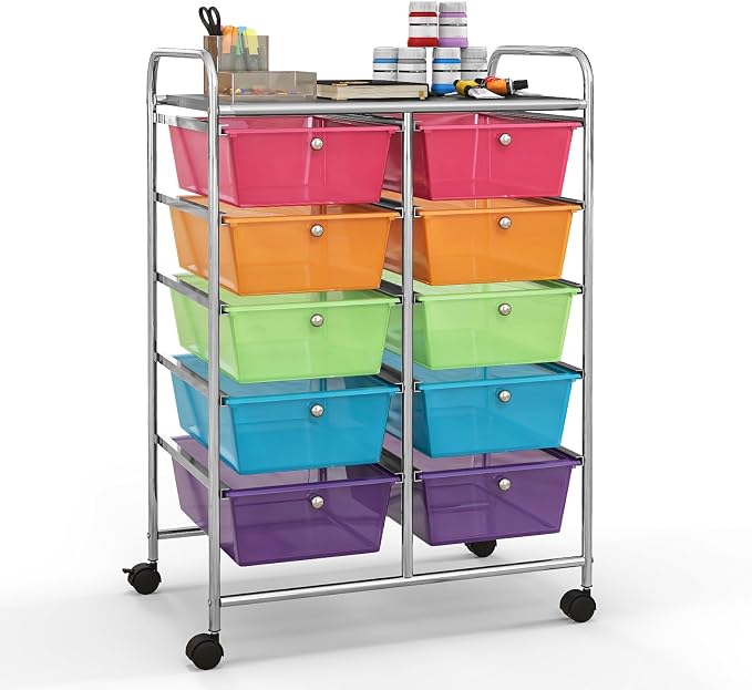 Giantex 10 Drawers Rolling Cart, Classroom Organizers, Storage Cart with Wheels, for Teacher Office Home School Supplies Tool Craft Art Paper
