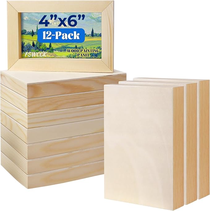 FSWCCK 12 Pack 4 x 6’’ Wooden Panel Boards, 0.79’’ Deep Unfinished Wood Canvas Panels for Crafts, Painting Canvas, DIY Art Projects, Pouring Arts