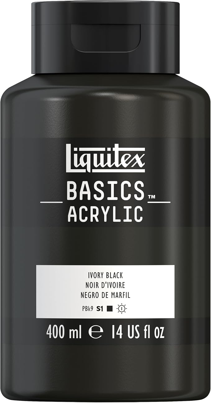 Liquitex BASICS Acrylic Paint, 13.5-oz Bottle, Ivory Black | Medium Viscosity, Satin Finish, Lightfast, Fine Art Pigments, Range of Opacities, Easy Blending