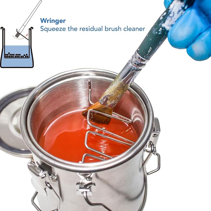 Airtight Stainless Steel Paint Brush Washer with Wringer | 3.8 x 4.8 in; includes cleaning beads for oil and acrylic brushes using water, mineral spirits or turpentine