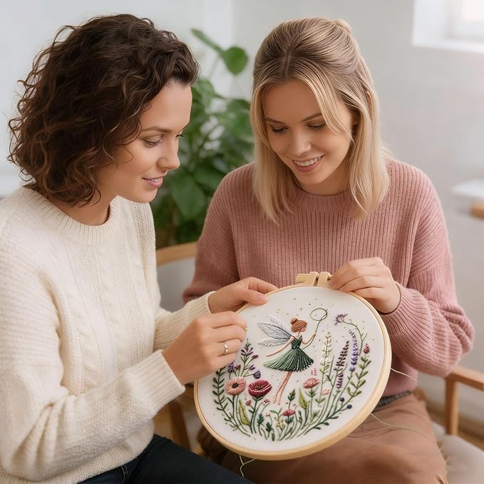 Embroidery Kit for Adults, Pre-Stamped Pattern Embroidery Kit for Beginners, Needlepoint Starter Kit with Hoop Thread Needle Instruction, 7.9'' Hoop (Flower Fairy 3 Packs)
