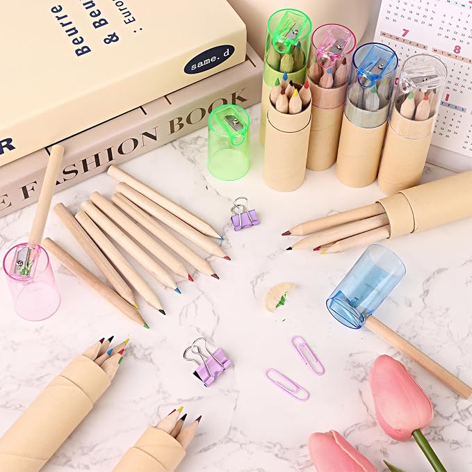 16 Pack Mini Drawing Colored Pencils With Sharpener Set for Kids - 3.3inch Short Fat Color Pencils in Tube for Adult Coloring Books, Classroom School