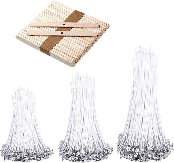 BEADNOVA Candle Wicks Set 150 Pcs Candle String Cotton Wicks with 50 Pcs Wooden Holders Centering Device for Making Supplies DIY (4, 6, 8 Inch)