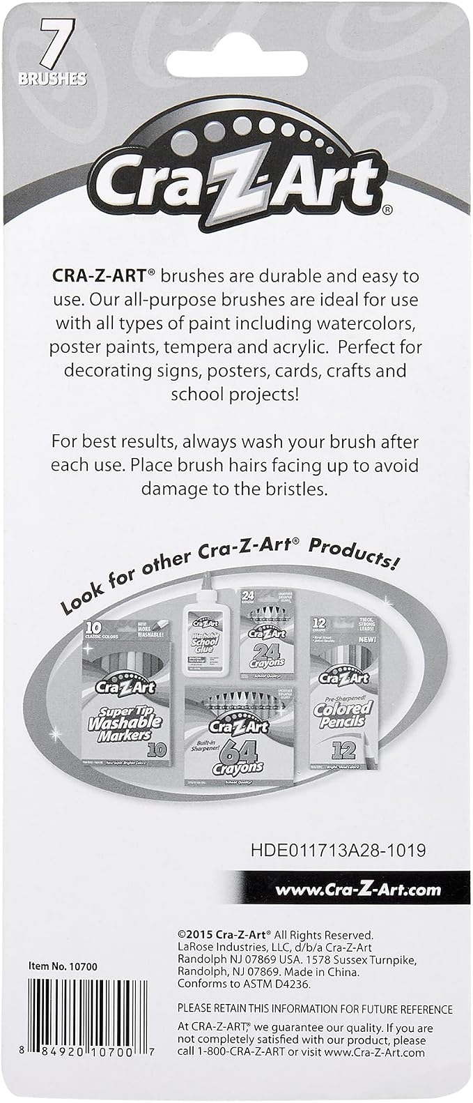 Cra-Z-Art Artist Brushes, Assorted Sizes Blist Carded, 7 Count
