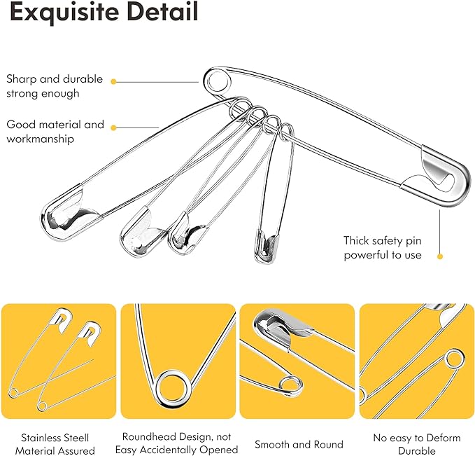 Huhuhero 340 Pack Silver Safety Pins Assorted, 5 Different Sizes Pin Bulk