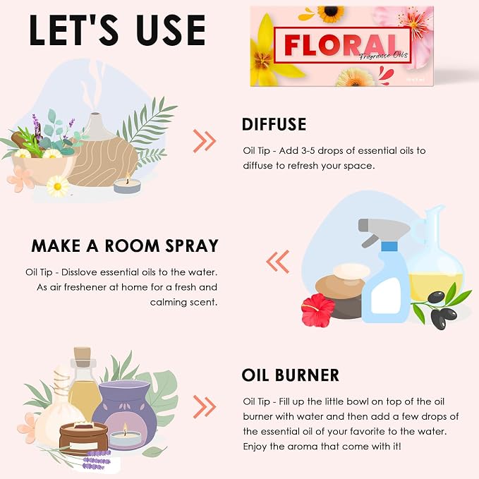 Floral Essential Oils, INWICOPH Flower Fragrance Oil for Candle Making - Rose, Jasmine, Neroli, Gardenia, Lilac, Plumeria and More, Aromatherapy Oils for Diffusers for Home