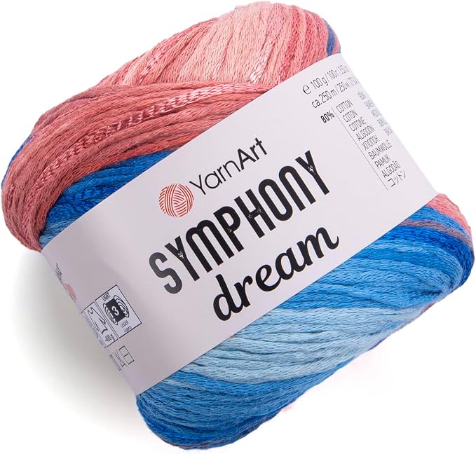 YarnArt Symphony Dream Cotton Yarn -%80 Cotton%20 Viscose Rainbow Multicolor Crochet Knitting Yarn - Suitable for All Blouses, Dresses, Shawls, Bags, Hats - 273 Yards, 3.52 Oz (1 Skein) (3109)