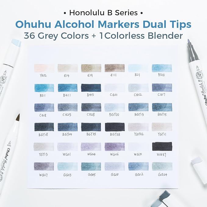 Ohuhu Alcohol Markers Brush Tip Grey-tone-Dual Tips Alcohol Based Art Marker Set for Artist Adults' Coloring Illustration Shading-36 Grayscale Colors w/ 1 Blender-Fine&Brush-Honolulu B