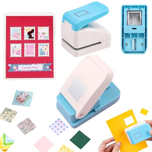 BAOFALI 2Pcs/Set 1.1x0.9 inch Rectangular Postage Stamp with 1" Square Punch Set, Scalloped Rectangle Lever Action Craft Punch for Paper Crafting Scrapbooking DIY Card Making Arts Crafts Supplies