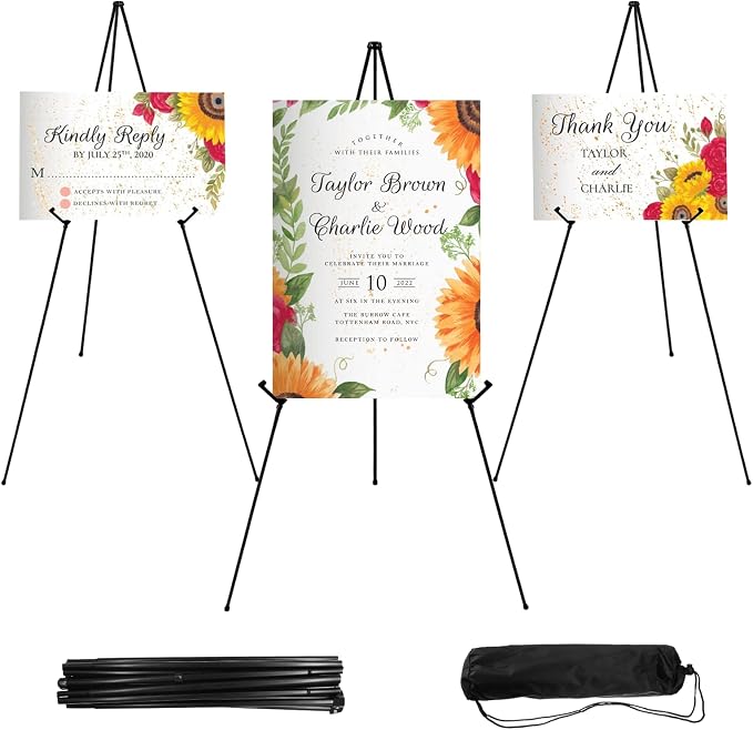 JEAWIWI 3 Pcs Lightweight Easel Stand, 66 Inch, Black, with Carry Bags | Adjustable Portable Metal Display Easel & Poster Stand, for Wedding Signs, Art Display, Signs, Poster, for Home & Office Use