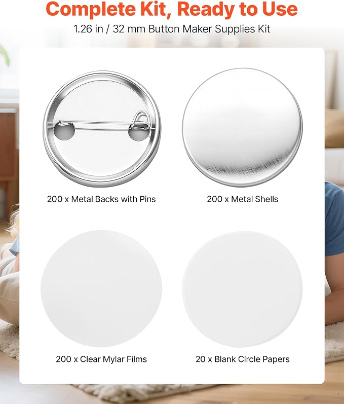 VEVOR Button Maker Supplies 200 Sets 1.25 in / 32 mm Pin Back Button Parts, with Metal Backs, Metal Shells, Clear Mylar Films, and Blank Circle Papers, for Home DIY, School Events, and Custom Studio