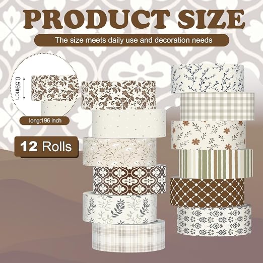 12 Rolls Floral Washi Tape Set,Vintage,Neutral | Watercolor Flowers Design for Scrapbook Journal DIY Craft School Supplies, 15 mm Vintage Decorative Masking Washi Tapes
