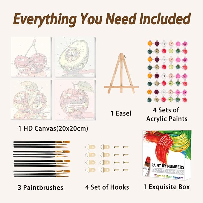 AUKELHJ 4 Pack Framed Paint by Numbers Kit for Adults, Fruit, 8x8 inch