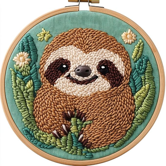 DIY Punch Needle Kits Cute Cartoon Sloth with Hoop 20x20cm-6 | with Pattern Stamped Easy for Beginners Embroidery Punch Needle Starter Craft Set for Adults Festival Gift and Decoration