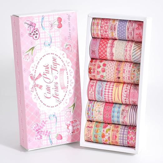 icceemee 36 Rolls Sweet Pink Theme Washi Tape Set with Different Colorful Patterns, Writable Decorative Tapes for Scrapbooking, Junk Journal Supplies, Bullet Journaling, 0.39'' x 79'' per Roll