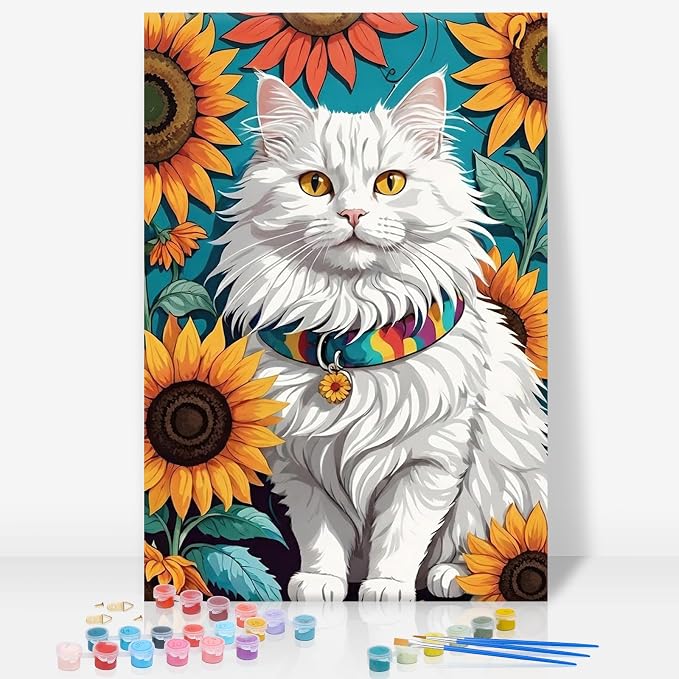 GEEHEIY Framed Paint by Numbers Kit for Adults, Cat Sunflowers, 8 x 12 Inch | DIY Adult Paint by Number Kit for Beginners, Cat Wall Decor, Stress Relief Craft Gift, Creative Hobby