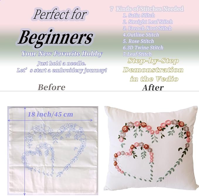 FONNUY Crewel Pillow Case Embroidery Kit, Heart Shaped Loving You Floral Stamped Pattern Kits for Audlt Beginners, Works Crafts Throw Pillow Cover Great Gift for Loved Ones, 18 x 18'' (Beige)