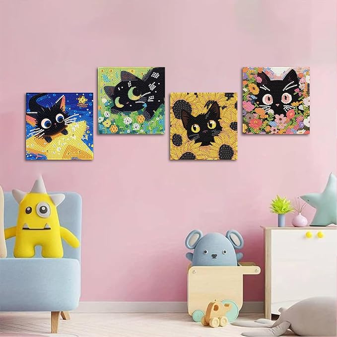 ICYANART 4 Pack Cat Diamond Art Painting Kits for Kids Age 6-8-12 6x6 Inch | Cat Diamond Art Painting Kits for Kids Ages 6-8-12, Small Diamond Art Kids, Simple Art and Craft for Kids(no Frame)