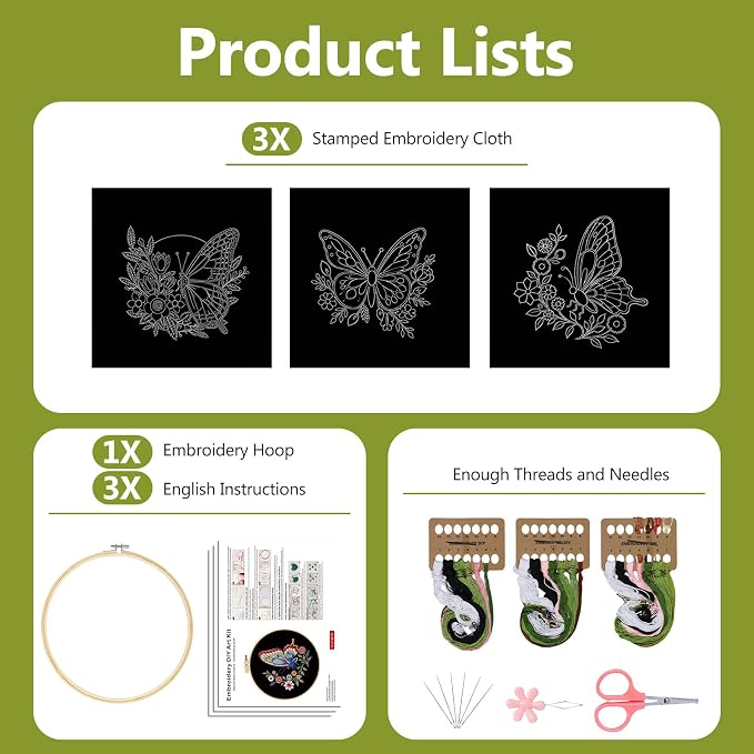 Santune Embroidery Kit Needlepoint Cross Stitch Kits for Beginners Adult Needle Point Sets with Butterfly Embroidery Patterns, Includes Step-By-Step Instructions and Accessories