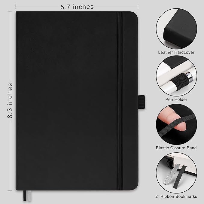 RETTACY Dotted Journal Notebook, 192 Pages, A5 Medium Size (5.7'' x 8.3'') | Leather Hardcover, 100 GSM Thick Paper, for Journaling, Planning, Tracking (Black)