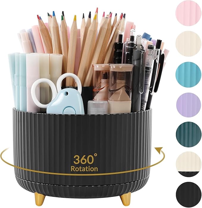 SKYDUE 360 Degree Rotating Desk Organizer, Pencil Pen Holder for Desk | Rotating Pen Organizer with 5 Slots, Office Supplies, Desk Organizer, Art Supply Pencil Cup for Office, School, Home